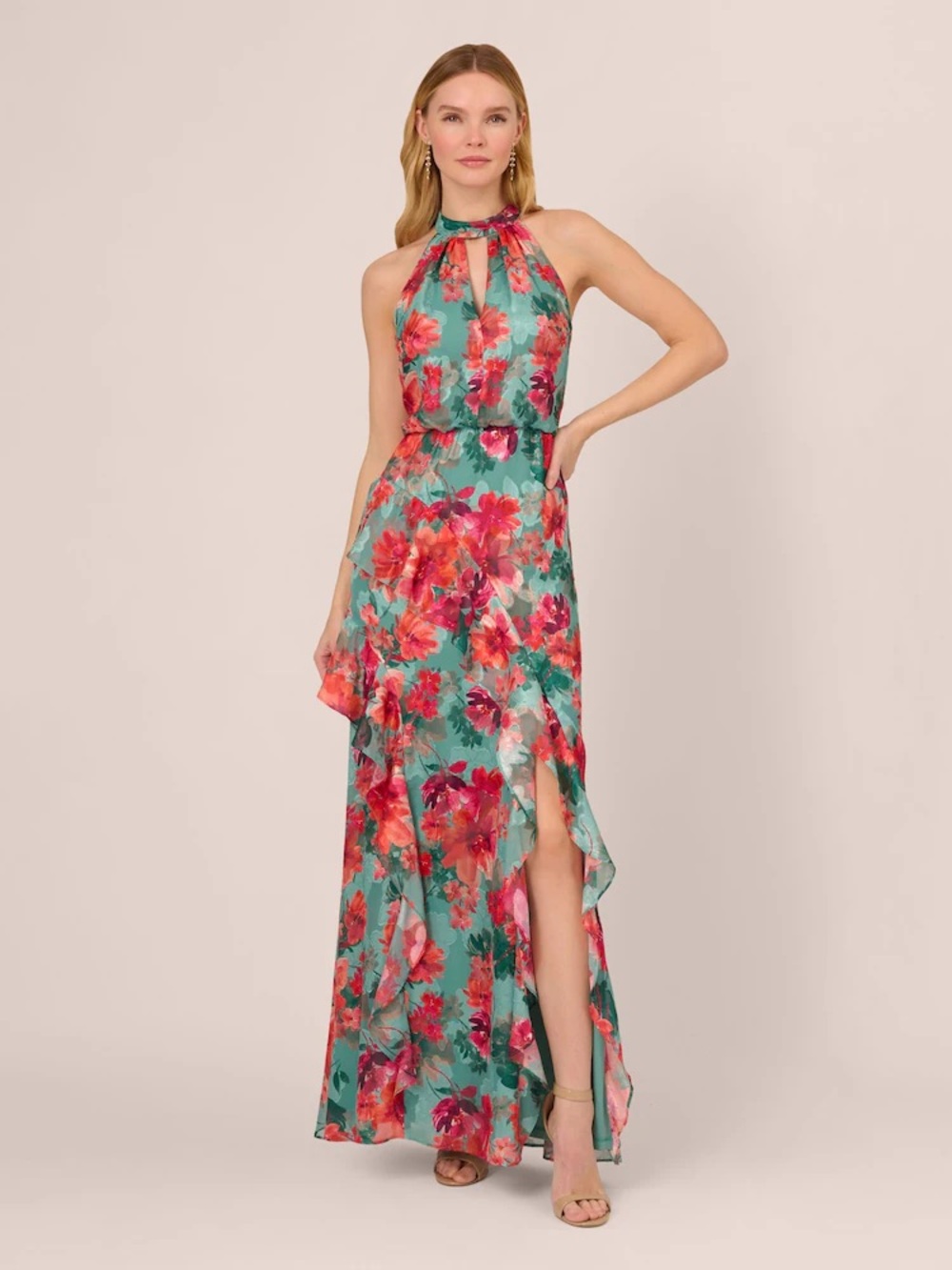 Adrianna Papell SZ 2 NWT Green Floral Halter Ruffle Maxi Dress GALA MOB Cocktail